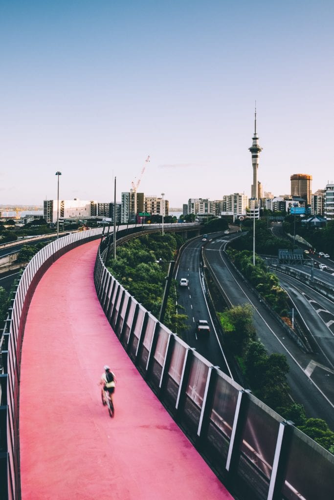 auckland city skyline and cycleway
